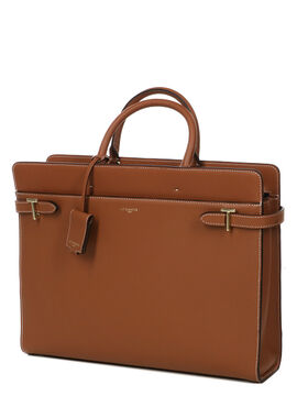 Brown leather luxury briefcase with handles and buckle straps on white background
